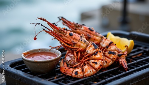 a large grill filled with two whole lobsters that have been cooked and glazed in red sauce. there are also smaller shellfish, such as crayfish, present on the grill