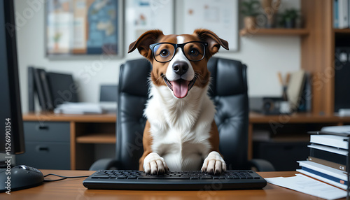 A dog sitting proudly in an office chair at a desk paws on a keyboard and glasses on its nose. Playful and humorous. Take Your Dog to Work Day