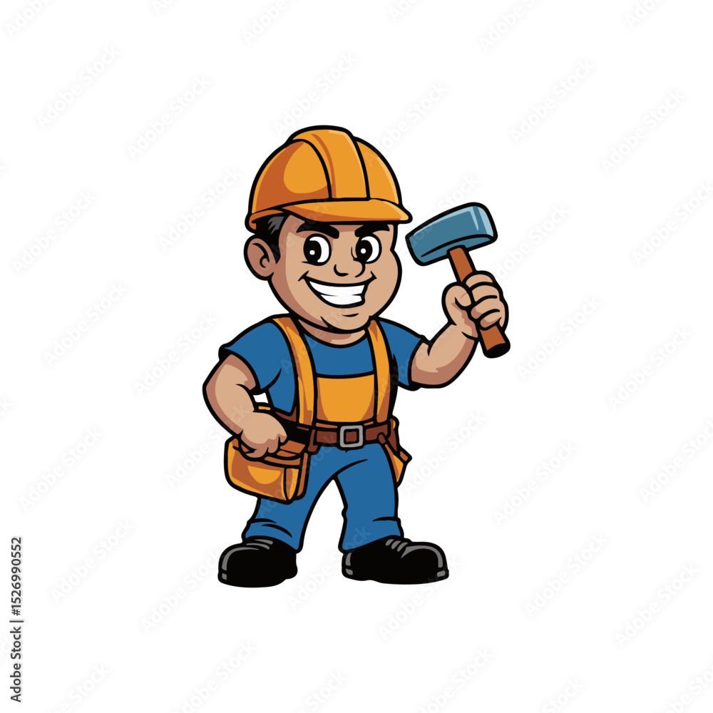 Obraz premium Cartoon Construction Boy with Helmet and Hammer