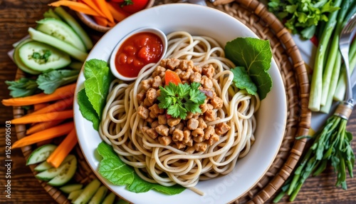 a plate of noodle dish, likely pasta, topped with what appears to be meat (possibly chicken), vegetables including carrots, garnished with herbs and chili flakes
