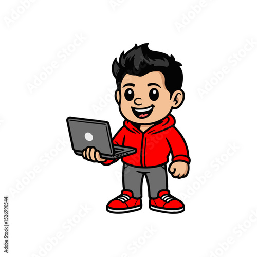 Tech-Savvy Cartoon Boy with Laptop
