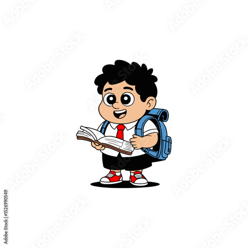 Cartoon Boy with Backpack and Books