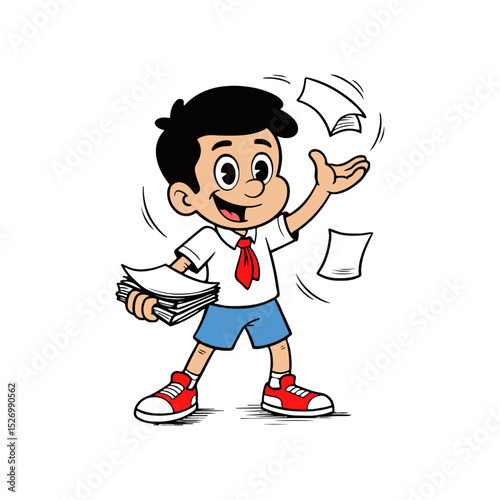 Cartoon Boy Tossing Papers in Celebration