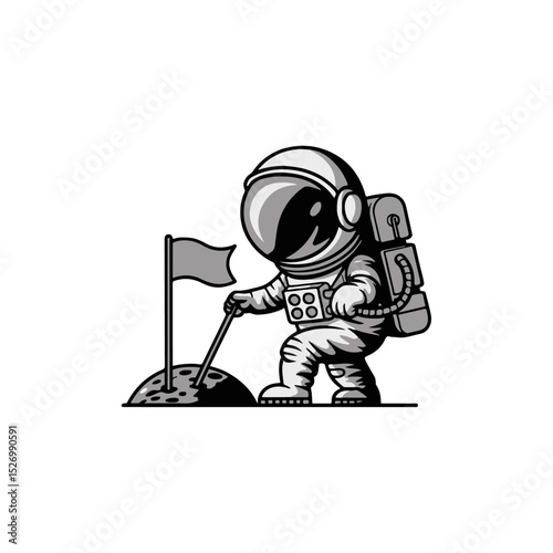 Cartoon Astronaut Planting Flag on Moon