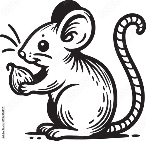 A charming black and white illustration of a mouse enjoying a delightful treat, possibly a nut or seed, with a whimsical tail design.