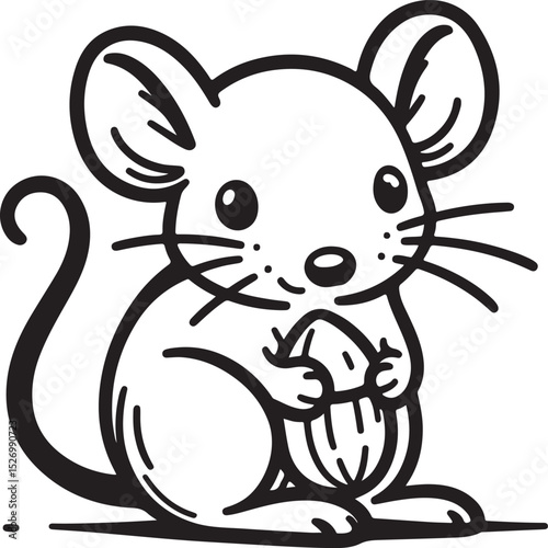 A charming illustration of a cartoon mouse delicately holding an acorn, showcasing its adorable features and playful nature in a simple yet expressive black and white style.