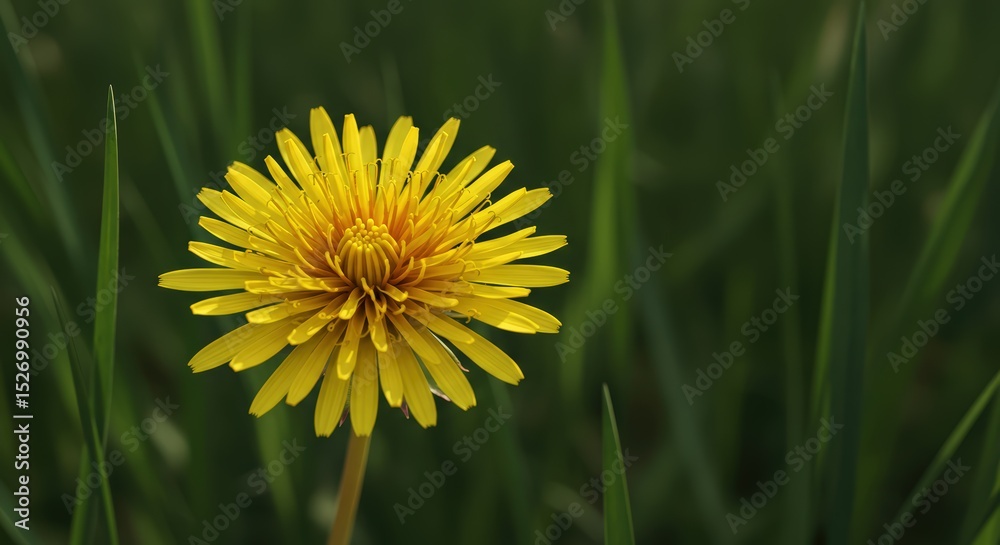 Bright yellow common dandelion flower blooming in lush green grass. Spring blossom and nature growth concept. Bright yellow common dandelion flower blooming in lush green grass. Spring blossom and nature growth concept.