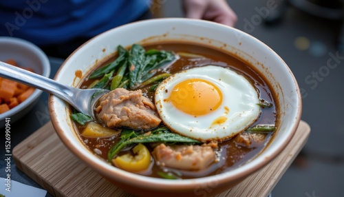 a meal with an egg on top sitting on a dining table, which appears to be in a restaurant setting