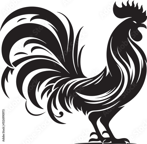 A stylized black and white illustration of a rooster, its feathers depicted with intricate swirling patterns, embodying a sense of elegance and power.