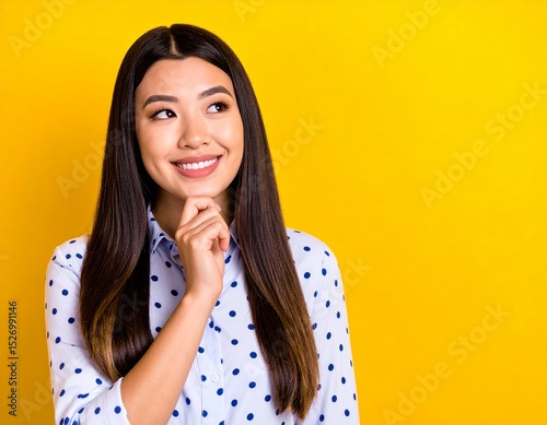 Portrait of Thoughtful Girl in Trendy Dotted Clothes Looking into Empty Space on Colorful Background