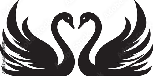 Two black swans facing each other with their wings spread out forming a heart shape, creating a romantic and elegant design, ideal for various purposes.