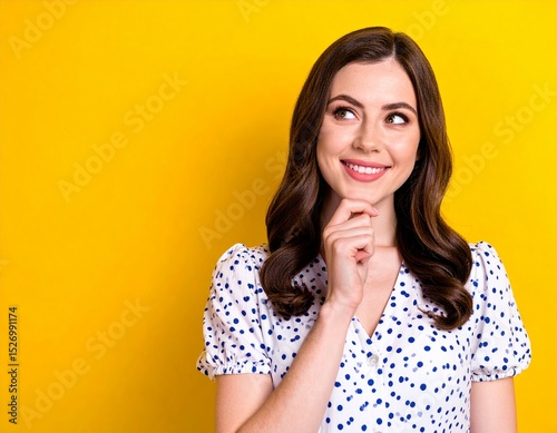Portrait of Thoughtful Girl in Trendy Dotted Clothes Looking into Empty Space on Colorful Background