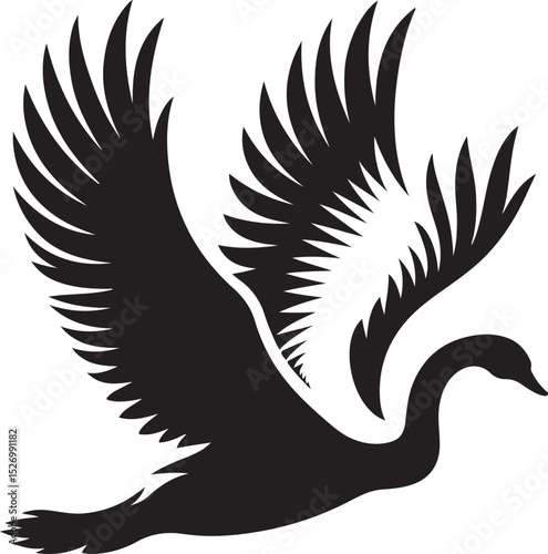 A stylized black silhouette of a swan in flight, wings spread wide, against a white background, elegant and graceful, representing freedom and beauty.