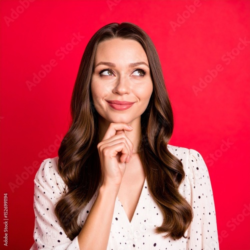 Portrait of Thoughtful Girl in Trendy Dotted Clothes Looking into Empty Space on Colorful Background