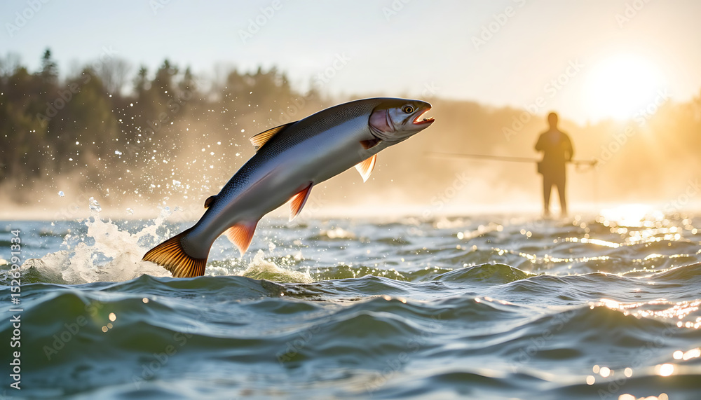 Obraz premium Jumping trout fish in the river with fisherman at sunset 
