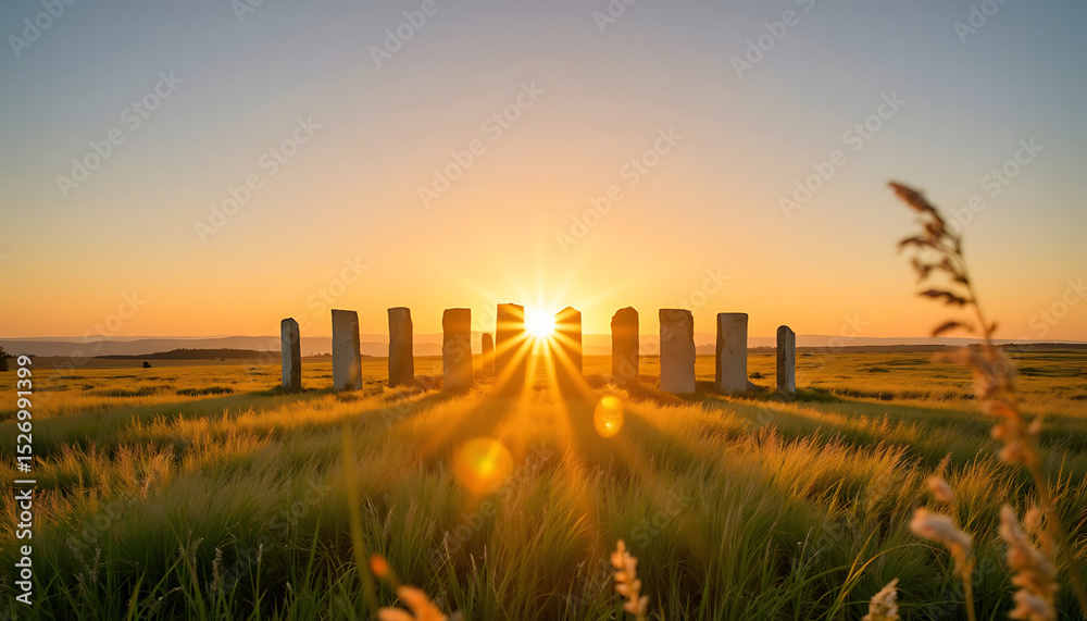 Fototapeta premium Ancient stone circle at sunrise surrounded by fields and grasses