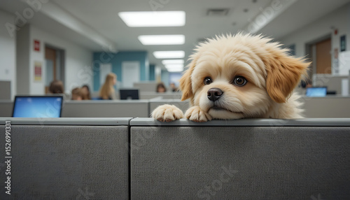 A fluffy dog peeking over a cubicle wall looking curiously at the office activity around it. Adorable and candid. Take Your Dog to Work Day
