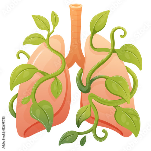 healthy human lungs with green blooming vines and flowers, lung health concept