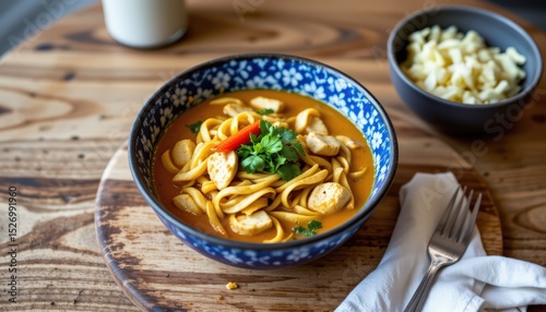 a meal of shrimp noodles, possibly with a tomato based sauce, is presented in a bowl with a garnish, accompanied by a side dish of what looks like garlic bread and a small serving of a yellow spread,