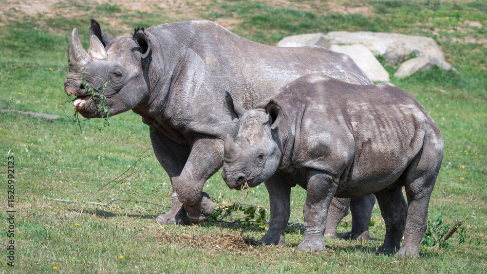 Obraz premium Mother and Calf Black Rhinoceros Standing Together