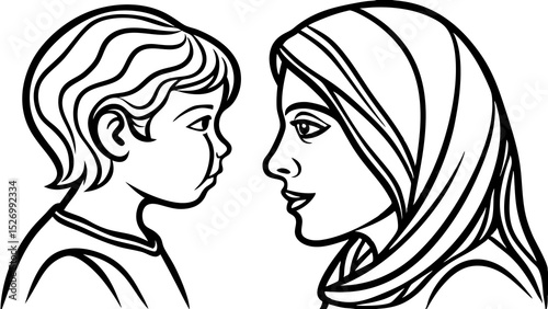 Intimate vector illustration of a mother and child gazing at each other, highlighting cultural connection and understanding in a detailed design