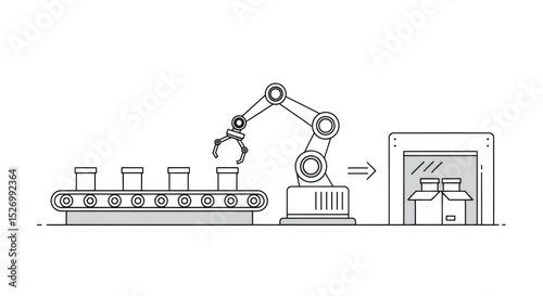 Industrial automation process with a robotic arm picking items from a conveyor belt and placing them into a box. Smart factory production concept.