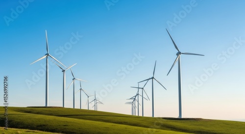 Wallpaper Mural Wind turbines on a green hill with clear blue sky. Renewable energy and sustainable power generation concept. Clean electric source. Torontodigital.ca