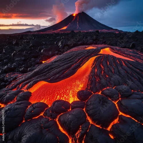 the iconic mount agung in indonesia. its crater is vividly alive with red lava, emitting from an opening within its caldera