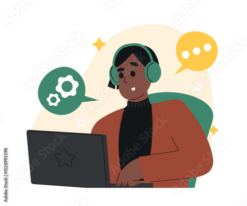 Man with laptop working at home. An employee is working with a gadget in his hand. Flat vector illustration