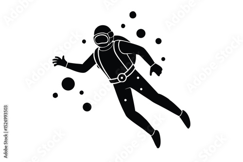 Black and White Silhouette of a Scuba Diver Surrounded by Bubbles on White Background