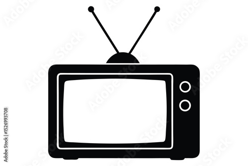Black and White Simple Illustration of Retro Television Set with Antenna and Two Knobs