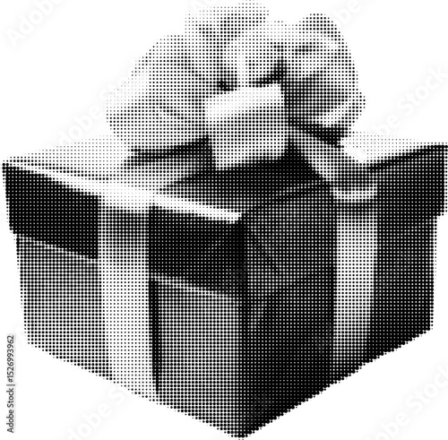 Halftone vector of gift box with ribbon and bow, angled at 45 degrees