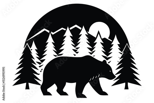 Black Bear Silhouette Walking Through Forest with Mountains and Moon in Background