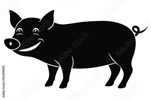 Black Cartoon Pig Illustration with Smiling Face and Curly Tail on White Background