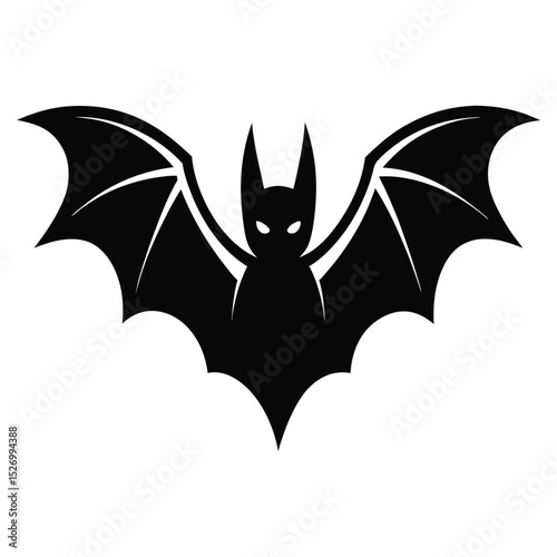 Black Halloween Bat Silhouette with Spooky Eyes and Extended Wings on White Background