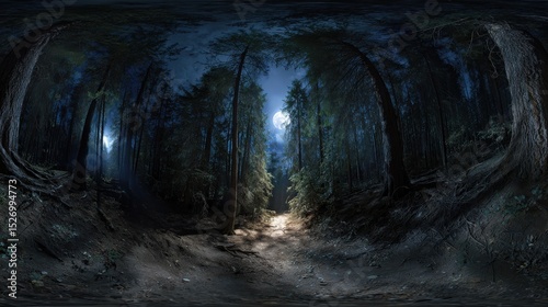 Fototapeta Naklejka Na Ścianę i Meble -  A High Resolution image of 360 degree, dark forest path illuminated by the moon, with ghostly apparitions floating. HDRI spherical panorama.