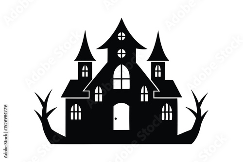 Black Silhouette of a Haunted House with Spooky Trees on White Background
