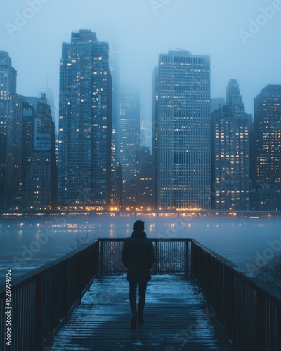 Silhouetted figure on a dock, fog-laden city skyline