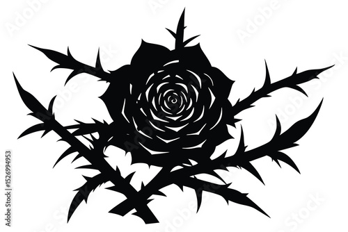 Black Silhouette of a Rose Surrounded by Thorny Branches on a White Background