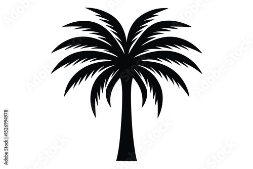Black Silhouette of a Palm Tree with Detailed Fronds on White Background