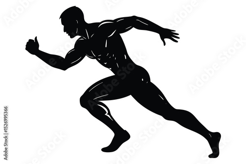 Black Silhouette of Muscular Man Running at Full Speed Isolated on White Background