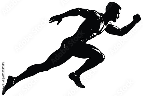 Black Silhouette of Muscular Man Running on White Background in Intense Motion