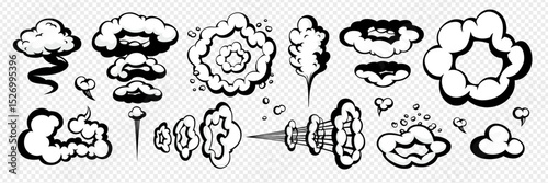 Cartoon cloud smoke effect with comic motion and boom trail, isolated on transparent background. Comic style vector explosion and vapor shapes. Great for stickers, games, posters, and comics
