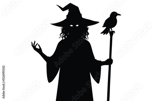 Black Silhouette of Witch Wearing Pointed Hat and Holding Staff with Raven Perched on Top