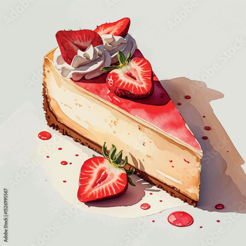 Watercolor cheesecake slice. Vector dessert with strawberry glaze and soft texture.