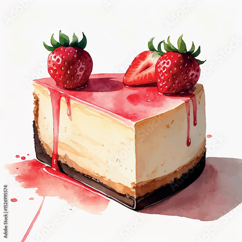 Watercolor cheesecake slice. Vector dessert with strawberry glaze and soft texture.