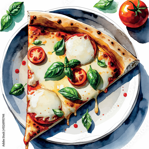 Italian pizza slice watercolor vector. Tasty food with melted cheese and artistic texture.