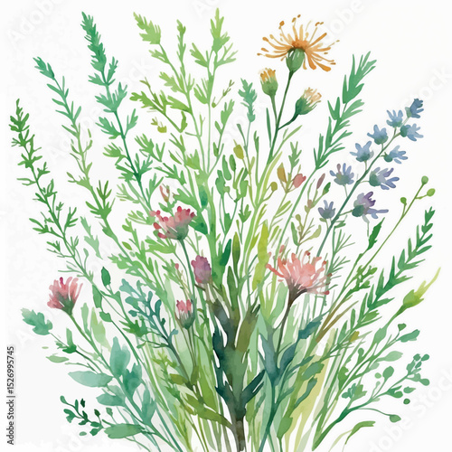 Meadow spray vector. Loose botanical composition with gesture-based watercolor energy.