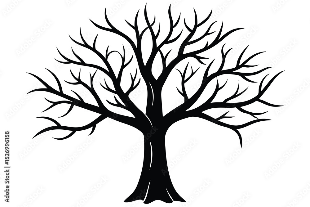 Fototapeta premium Black Tree Silhouette with Bare Branches on a White Background, Minimalist Design