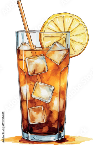 Watercolor iced tea vector. Refreshing drink illustration with lemon and ice in glass.